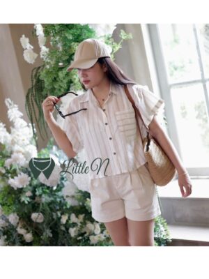 Alternative view of ÁO SƠ MI CROPTOP TAY NGẮN, PHỐI HAI TÚI MỘT BÊN, SỌC NÂU