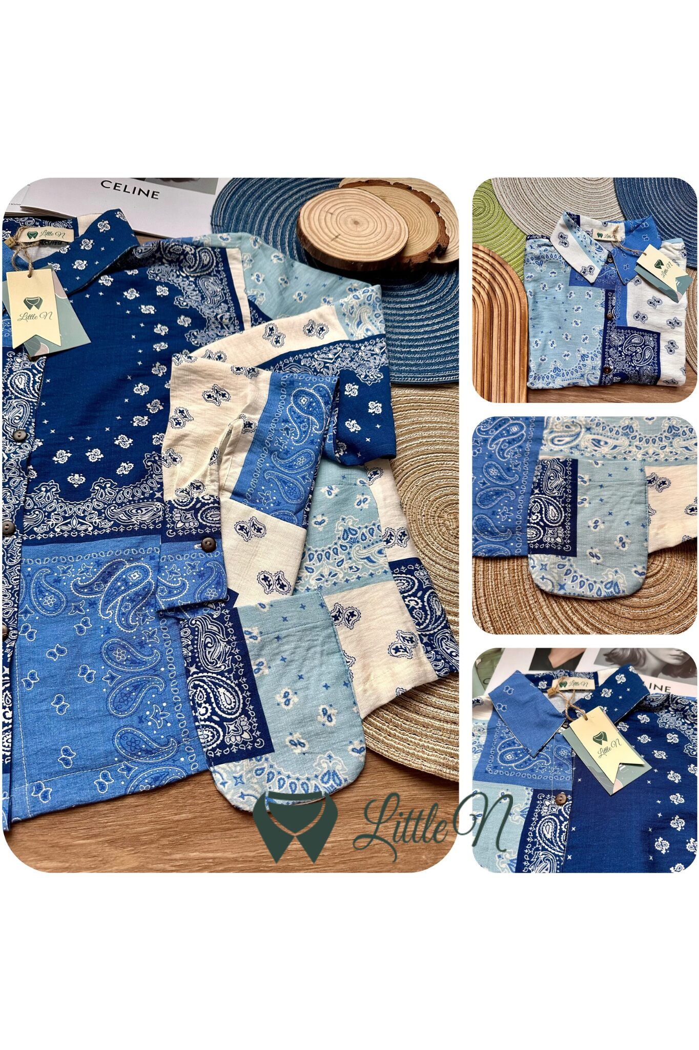 ÁO SƠ MI CROPTOP TAY DÀI, TÚI RƠI, HOẠ TIẾT LẬP THỂ XANH BIỂN VÀ KEM TRẮNG - Ảnh 2