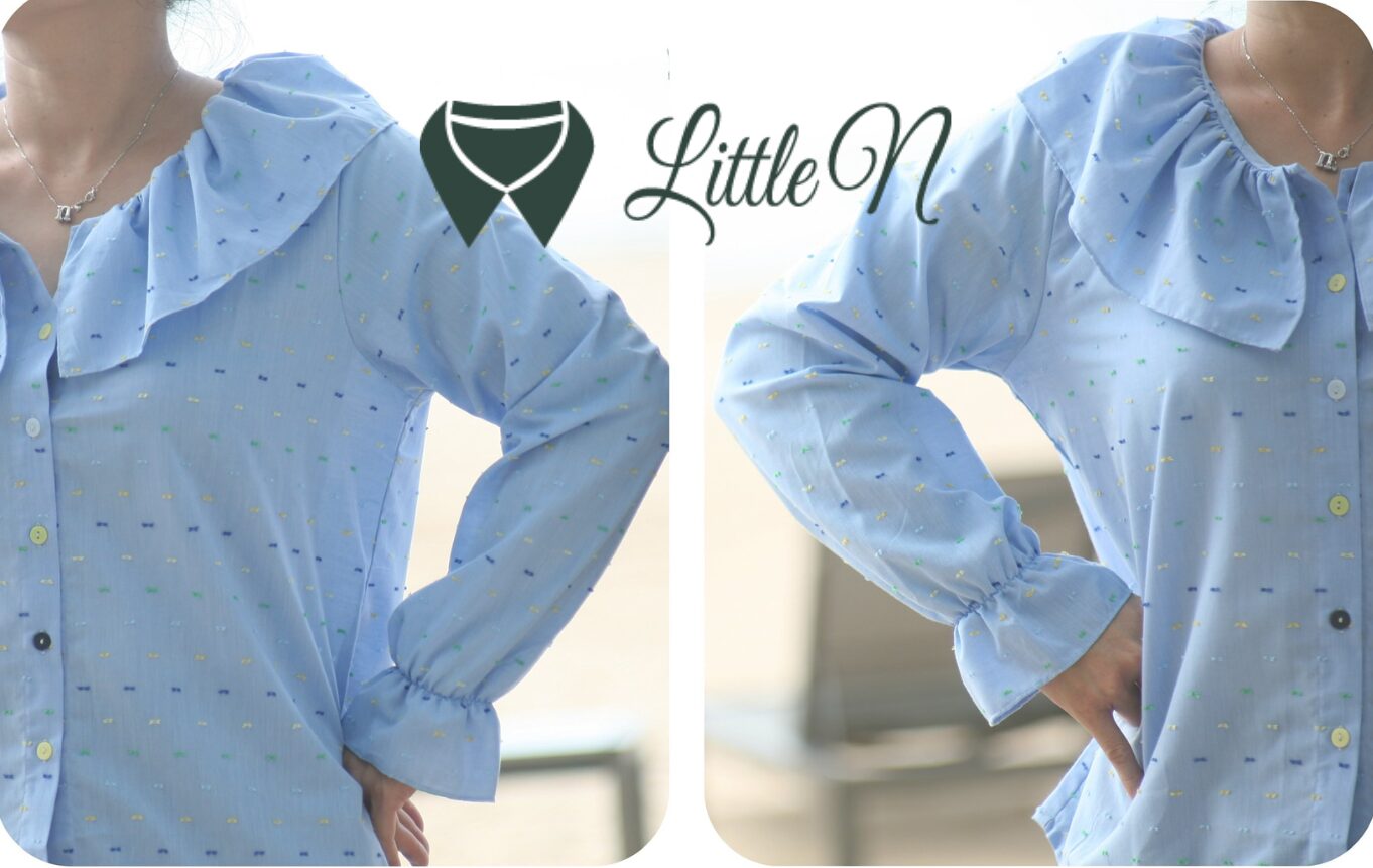 ÁO KIỂU CỔ BÈO, TAY BO DÀI, NỀN XANH BIỂN
